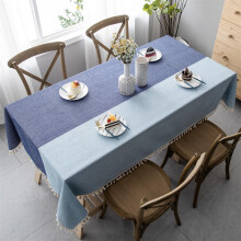 Nappe rectangulaire rayée en coton et lin, résistante aux taches et aux plis, imperméable, avec pompons – Convient aux tables de cuisine et de