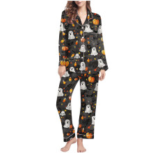 Dame 2025 Halloween spøgelsesprint pyjamassæt langærmet krave nattøj elastisk talje bukser komfortabelt loungewear S-2XL sort