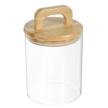 Recipientes de vidro herméticos com tampas de bambu para armazenamento. Aparência transparente. Grande capacidade.