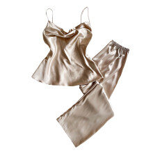 Seidensatin-Pyjama-Set für Damen, lange Hose, Loungewear (S-XL), glatt, atmungsaktiv