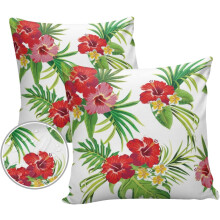 Capas de almofada impermeáveis com estampa de plantas tropicais – Flor vermelha, palmeira e folha de monstera, capas de almofada quadradas macias