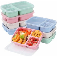 Ensemble de 8 boîtes à lunch Bento à 3 compartiments en paille de blé, pour la préparation des repas et la conservation des aliments. Plastique,