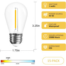 Ampoules de rechange JINYUN pour guirlandes solaires basse tension, 3 V CC, étanches, LED S14E26, 1 W, 100 lm, 2700 K, lot de 15, blanc chaud