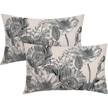 Capas de almofada lombar vintage com estampa floral, 30x50cm, conjunto com 2 unidades, design de folhas em preto, cinza e branco – decoração