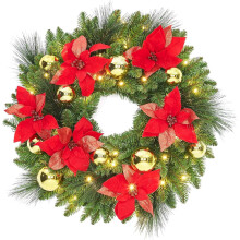 Couronne de Noël artificielle pré-illuminée de 61 cm (24 po) avec 50 lumières DEL, pommes de pin givrées et baies, rouge et or, décoration
