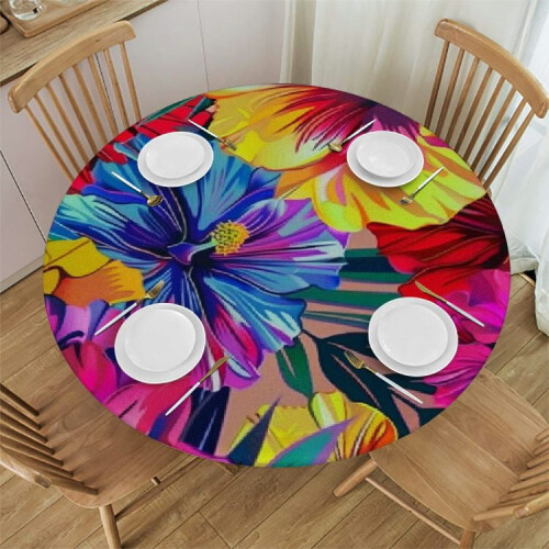 Rund duk med vårblomster i polyester, 1 stk.
