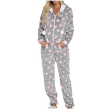 Damen-Flanellpyjama, einteilig, mit Kapuze und Taschen
