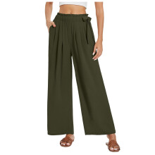 Dames casual broek met wijde pijpen, hoge taille, strik aan de zijkant, lichtgewicht, losvallende strandbroek met zakken