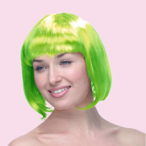Περούκες Neon Green Bob με επίπεδες αφέλειες, περιλαμβάνουν περούκα, κοντές ίσιες 1