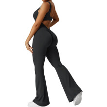 Dames workout jumpsuit met wijde pijpen, sexy rugloze bodycon bodycon jumpsuit met scrunch butt model, yoga jumpsuit met V-vormige rug, Lizvette