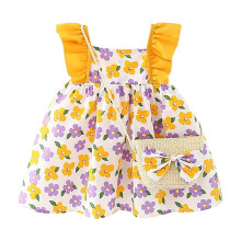 Sommerkjoler til småbørnspiger Blomsterprint Prinsesse Strandferie Flæser Ærmeløs Babykjoler med Taske2Piece Sundress