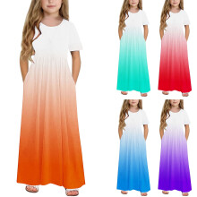 Vestidos de verano para niñas de 4 a 14 años, talla 10-12, manga corta, cuello redondo con bolsillos, vestido largo de color degradado.