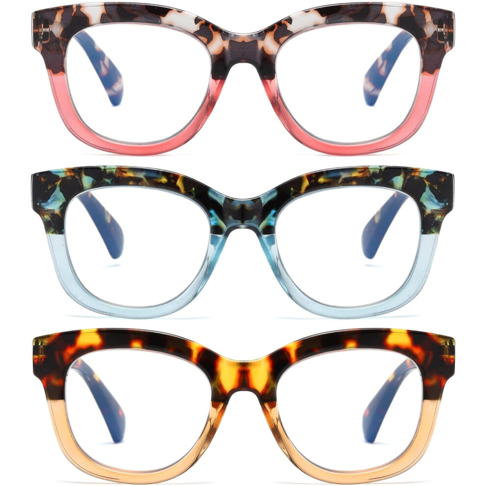 Blue/Light 3 Pack Oversized Blocking Reading Glasses For Women, Retro Style Readers With Spring Hinge +1.50