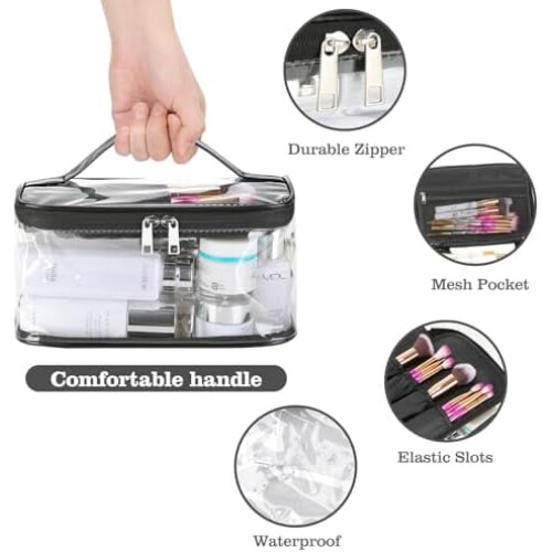 Transparente Kosmetiktasche mit Pinselfach, Schwarz 2