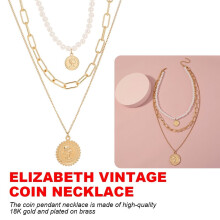 MesaSe Retro-Perlenkette mit Münzanhänger – Dreireihige Goldkette, modischer Stilmix, klassisches Geschenk für Frauen und Mädchen