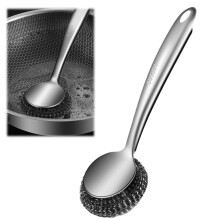 Brosse à vaisselle en laine d'acier avec manche, 28 cm, en acier inoxydable, pour un nettoyage en profondeur des poêles, grilles et cuisinières.