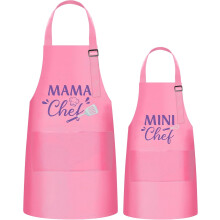GROBRO7 Set di 2 grembiuli per bambini e adulti, mamma e mini chef, regolabili, 2 tasche, grembiuli rosa impermeabili per cucinare, preparare dolci,