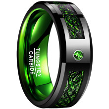 8 mm Keltische draak wolfraam ring voor heren, zwart groen, trouwring, maat 7-15