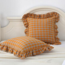 Poltetun oranssinvärinen ruudullinen tyynynpäällinen, 2 kpl, 50x50 cm, pestyä puuvillaa, maalaistyylinen röyhelötyyny, yhteensopiva