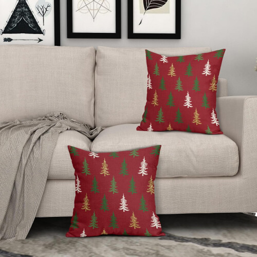 Fodere per cuscini con albero di Natale, 18x18 cm, set da 2, rosse, rustiche 2