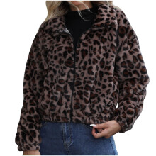 Dame leopardprint sherpajakke hyggelig fleeceforet kort lynlås afslappet vinterovertøj dyremønster