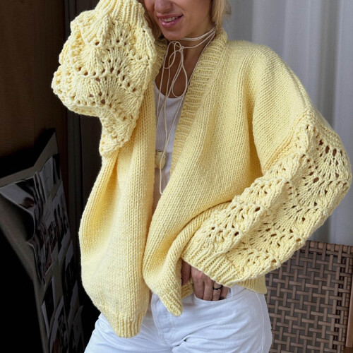 Damenpullover, einfarbig, modisch, mit Cut-Outs, Patchwork, langärmelig, lässig, Strickoberteil, Cardigan, Pullover für Damen (Gelb, XL) 1