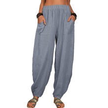 QLEICOM Damesbroek met relaxte pasvorm, rechte pijpen, katoen-linnen, wijde pijpen, casual broek met zakken, grijs XXXL