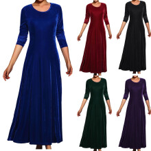 Winterkleid für Damen, Maxikleid mit langen Ärmeln, elegantes Samtkleid in Unifarbe, langärmelig, perfekt für Herbst und Winter, ideal für