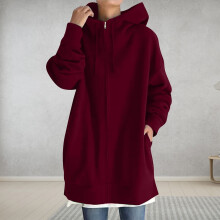 Sweat à capuche zippé uni pour femme, tunique longue, grande taille, mi-long, chaud, avec poches, couleur bordeaux, 5XL