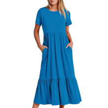 Vestido de verão feminino casual de manga curta e gola redonda, modelo maxi, estilo evasê, ideal para praia e férias. Possui bolsos.