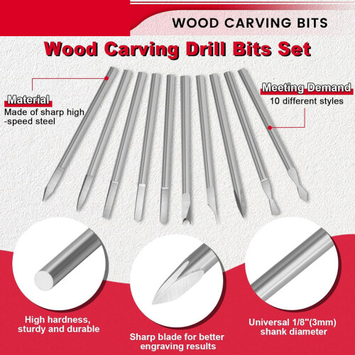 10PCS Wood Carving Tools for Rotary Tool, 1/8In Shank Woodworking Tools Rotary Tool Bits Compatible for Carving Drilling 1