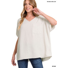 Blusa de manga corta tipo dolman con cuello en V y tejido transpirable para mujer y tallas grandes, con bolsillo delantero.