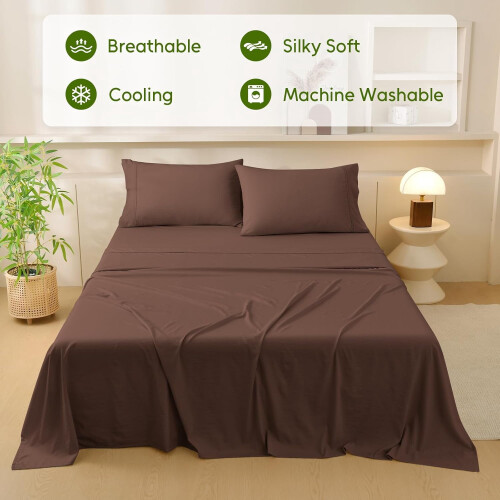 Ensemble de draps pour lit Queen, marron chocolat, 4 pièces 1