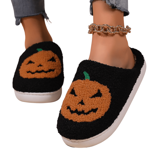 Πλεκτές παντόφλες με κολοκύθα και σχέδιο Halloween για γυναίκες με αναμνήσεις 2