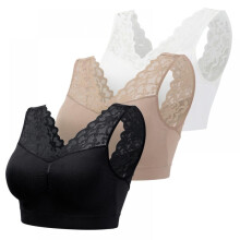 Sportbeha voor dames met diepe V-hals, kanten bandjes, push-up, gewatteerde, naadloze bralette – 3-pack, M-3XL, ademend en comfortabel