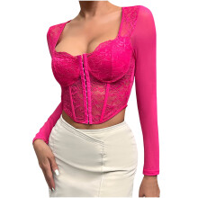 Vintage Corset Top with Sleeves, Lace Trim & Boning, Mesh Flower Print, Hot Pink – Compatible with 2025 Medieval Styles