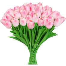 Tulipanes artificiales rosas - 10 tulipanes artificiales de seda rosa con tallos para decoración del hogar, bodas, hoteles, oficinas y centros de