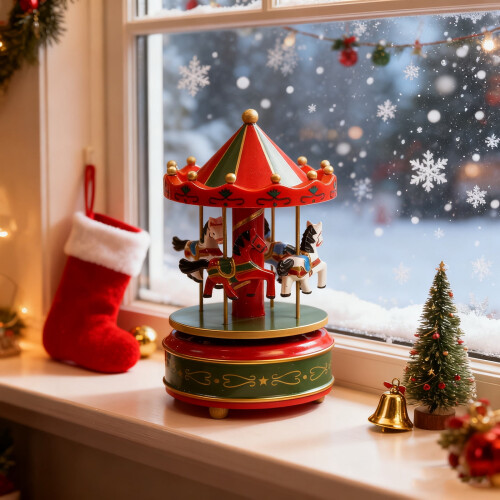 Weihnachtskarussell-Spieluhr aus Holz mit 4 Pferden 2