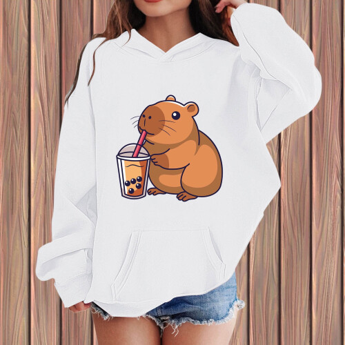 Χαριτωμένη μπλούζα με κουκούλα και στάμπα Capybara για νήπια, με χαμηλωμένους ώμους, 1