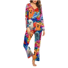 Ylellinen kaksiosainen naisten Halloween-kuvioinen pyjama V-aukkoinen pitkähihainen housut yöasuille, koko S-3XL