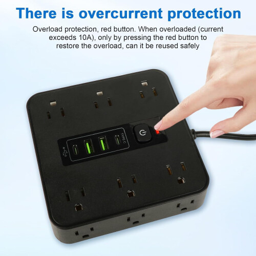 Πολύπριζο προστασίας από υπερτάσεις 16 σε 1: 12AC + 4USB (2C/2A), καλώδιο 6,6 ποδιών, 2