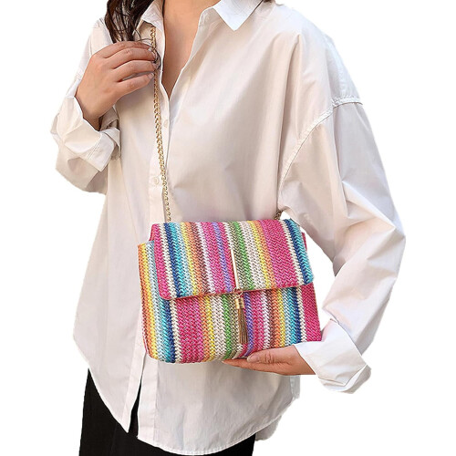 Ψάθινη τσάντα clutch για γυναίκες με υφαντό χιαστί πορτοφόλι και φούντα 1