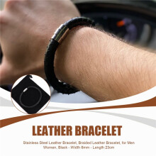 Stainless Steel Leather Bracelet, Braided Leather Bracelet, for Men Women, Black - Width 6mm - Length 23cm