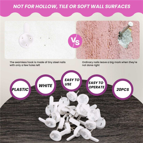 20 pcs plastic heavy wall picture frame hooks hangers 3-pin small white 1