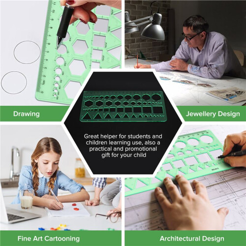Green Plastic Circles Squares Hexagons Geometric Template Ruler 0-20cm 2