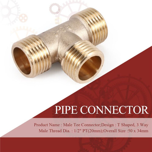 Brass T Shape Water Fuel Pipe Equal Male Tee Adapter Connector 1/2" Thread 2