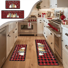 Ensemble de 2 tapis de cuisine de Noël en velours peluche - Tapis antidérapants à motifs flocons de neige/sapins rouges (40 x 60 cm + 40 x 120 cm)