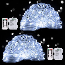 Zestaw 2 baterii LED, sznur świetlny, 200 diod LED, przezroczyste białe lampki choinkowe z pilotem, do użytku wewnątrz i na zewnątrz
