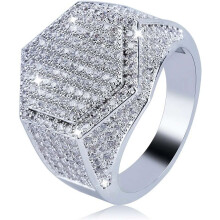Pánský prsten Iced Out CZ Hexagon Bling Pinky Ring, pozlacený 18k hip hopový prsten