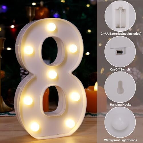 Indicator luminos cu LED-uri, număr 8, decor din plastic alimentat cu baterii 2